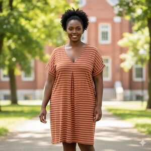 BYTAVI B/T Women XL Orange Stripe‎ V Neck Knee Length Dress Short Sleeve Stretch